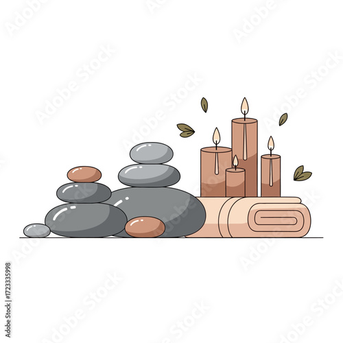 Serene Spa Scene Stacked Stones, Lit Candles, and Rolled Towels for Relaxation and Wellness