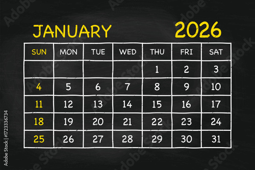 January 2026 Calendar on Chalkboard Background with Yellow Chalk Effect