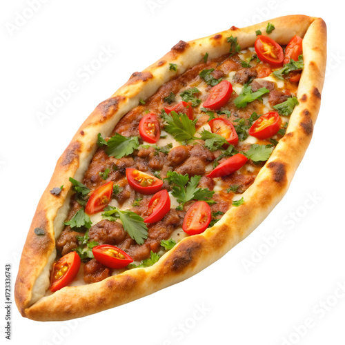 Turkish Pide with Meat and Tomatoes on a Black Background turkish food flatbread