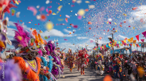 Junkanoo Festival Parade with Dancers, Confetti and Colorful Costumes in Bahamas Street Celebration