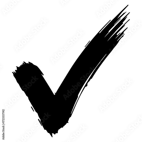 Painted V-Shape for Completion and Success check mark silhouette, Approval Sign or Voting Icon - Rough Style, black check mark or tick mark created with a visible grunge or brush stroke texture.