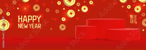 Happy Chinese New Year festive holiday 3D vector banner, red podium, three level showcase stand, golden coins flying
