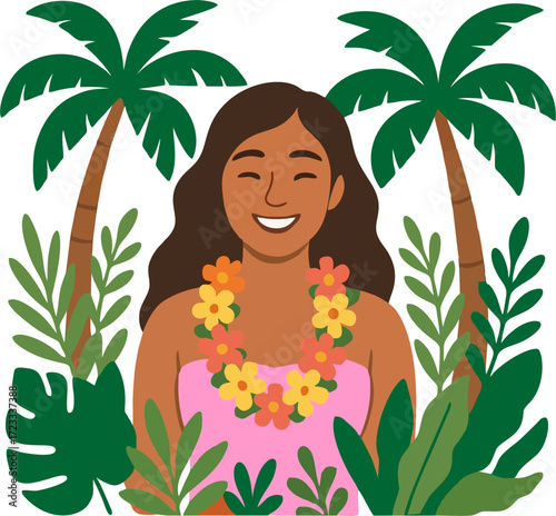 Smiling woman with floral lei and top framed by palm trees and tropical foliage.isolated on transparent background