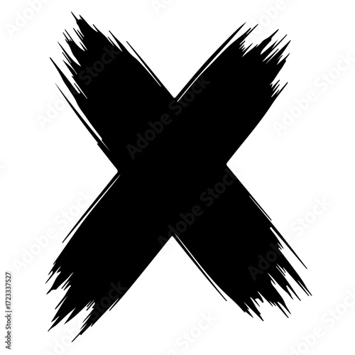 Modern Abstract Hand-Drawn Delete Mark silhouette, Textured Black Ink Error Icon Vector, Rough Painted Prohibition Cross Art, 