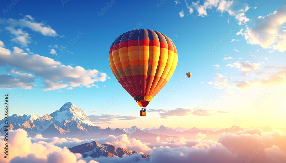 Fototapeta premium Hot Air Balloon Over Mountains at Sunrise