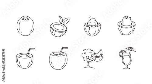 Collection of hand drawn coconut drinks and fruit illustrations silhouette