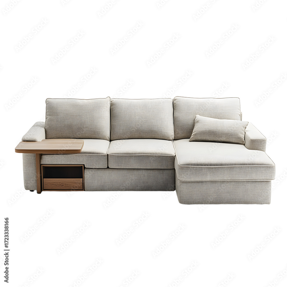 Fototapeta premium Elegant Light Gray Sofa with Built-in Storage and Side Table