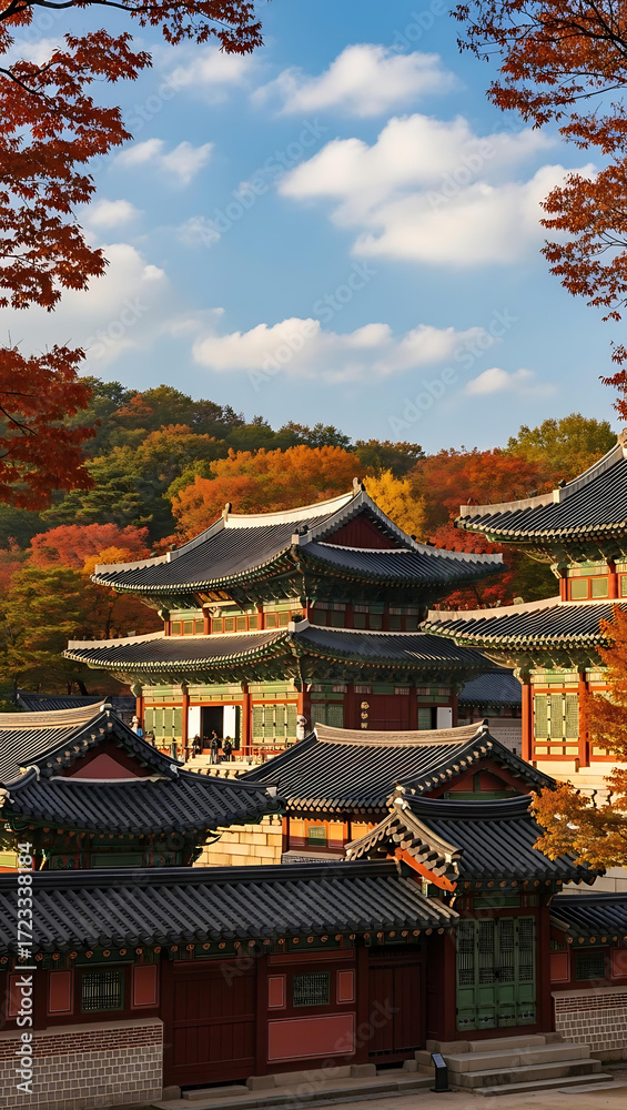 Naklejka premium Autumn Colors Adorn Traditional Korean Palace Architecture