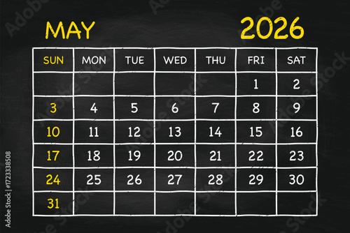 May 2026 Calendar on Chalkboard Background with Yellow Chalk Effect