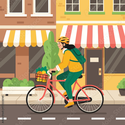Woman Cyclist with Produce Riding Bike on City Street