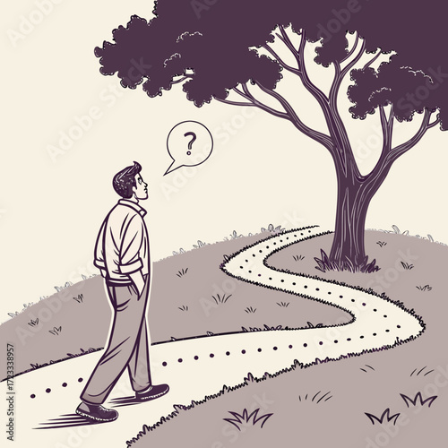 Vector art of a man walks on a path with a question mark above his head near a tree