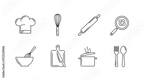 Collection of hand drawn kitchen utensil icons in a simple outline silhouette