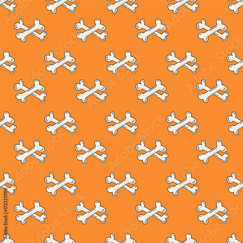 Many crossbones on orange background. Halloween seamless pattern for textile, wrapping, packaging design, wallpaper and party decoration.