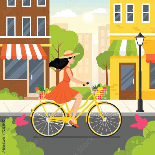 Woman enjoying a leisurely bicycle ride through a vibrant city