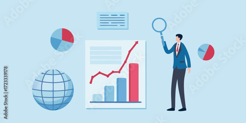 Business analyst examining financial growth charts and global market data with a magnifying glass
