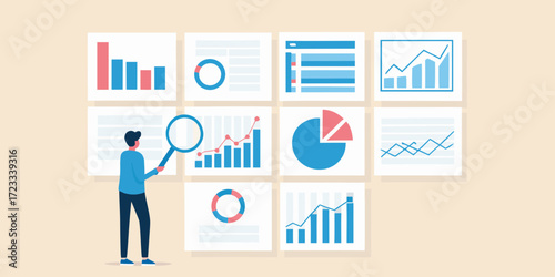 Man analyzing various financial charts and graphs with a magnifying glass for data insights