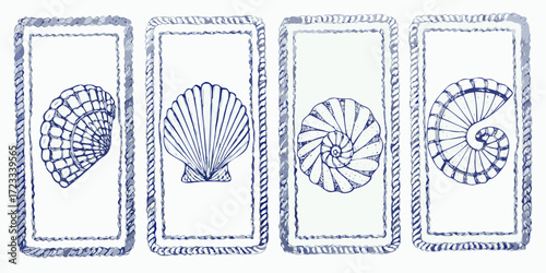 Four hand drawn nautical frames featuring seashells and nautilus shells in blue ink
