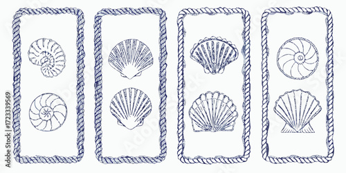 Collection of nautical rope frames featuring hand drawn seashells and nautilus shells
