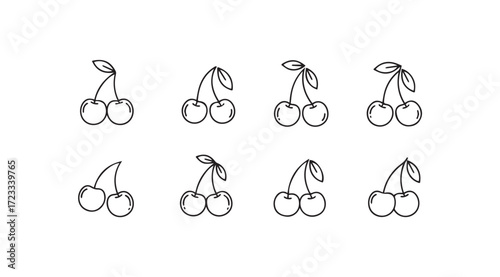 A collection of hand drawn cherry silhouettes with stems and leaves