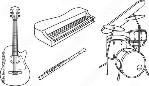 A collection of classic musical instruments including guitar, piano, drums, and flute