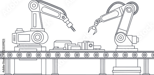 Automated robotic arms work on a futuristic assembly line for manufacturing.