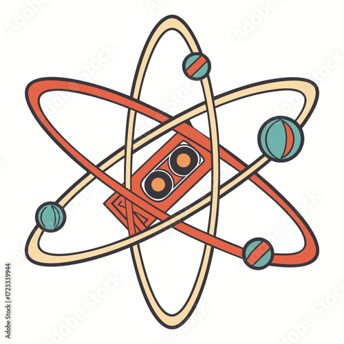 Vector art of retro atom with cassette tape in the center