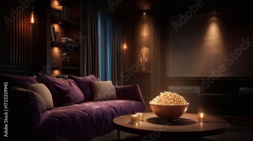 Wallpaper Mural Luxury home cinema with velvet sofa, popcorn bowl, and dim ambient lighting. Cozy interior for watching movies at home. Torontodigital.ca