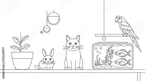 A whimsical line drawing of various pets including a cat, rabbit, parrot, and fish in an aquarium, arranged on a shelf.