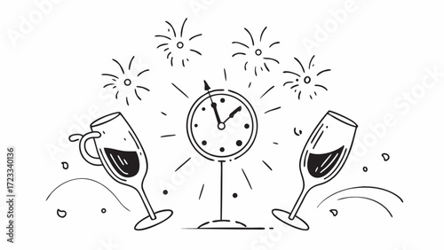Illustration of new year celebration with clock striking midnight, champagne glasses and fireworks display on transparent background silhouette