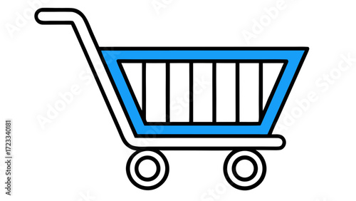 Illustration of a shopping cart with blue accents and black outline on a white background on transparent background silhouette