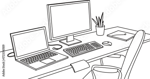 Clean and organized home office desk with laptop, desktop computer, and chair.