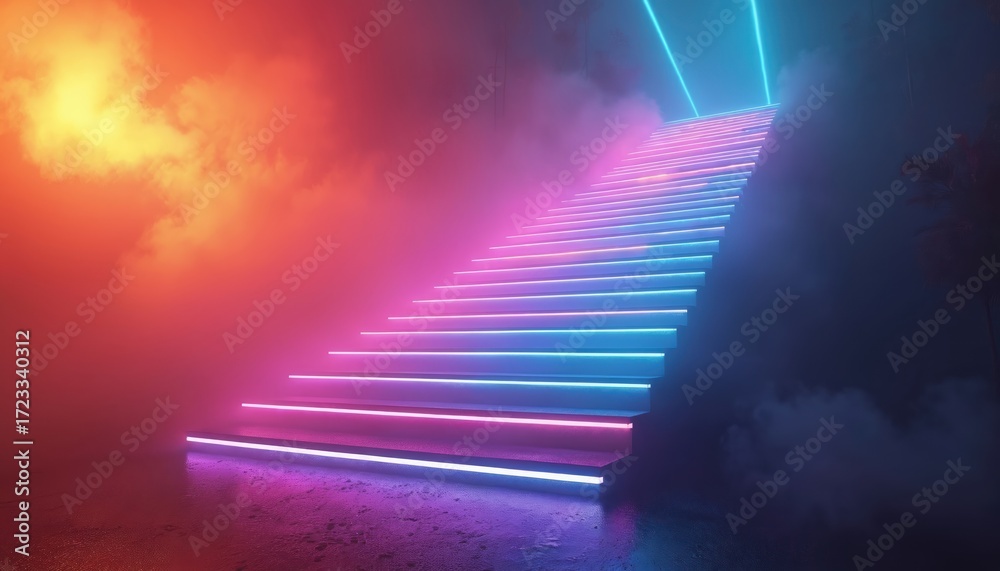 Fototapeta premium Neon stairs in smoky vibrant futuristic space. Colorful illumination, gradient lights. Abstract design, modern architecture background with texture. Step to stage, illuminated vibrant energy, glowing