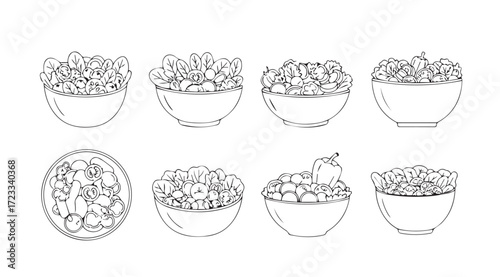 Collection of eight potted plants in a minimalist line art silhouette style