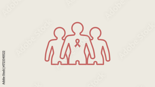 Three figures outlined in pink with a pink ribbon on the center figure against a cream background