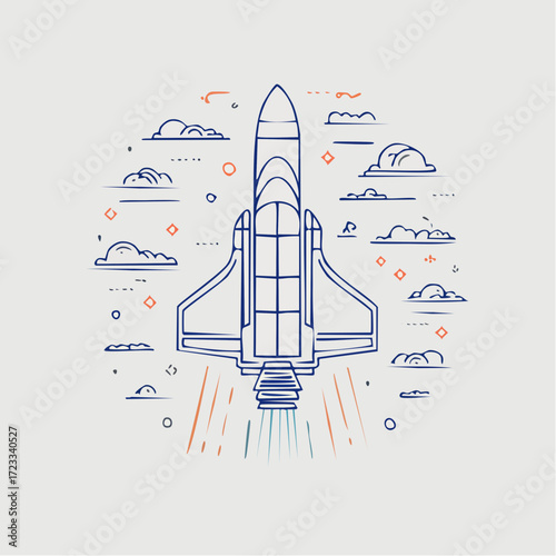 Thin line art vector illustration of a space shuttle launching into the sky, a concept for business startup, mission, and innovation