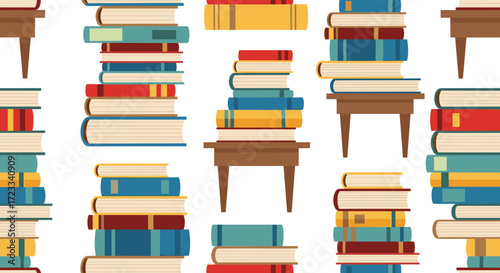 A vibrant collection of colorful books stacked high on wooden tables and surfaces.