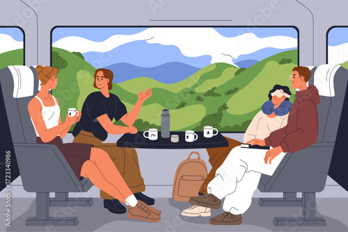 Train trip. Passengers travel, journey by railway. People sitting in chairs b...