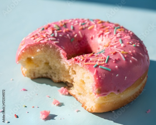 A delectable pink frosted donut with colorful sprinkles, showcasing a missing bite and crumbs on a light blue surface