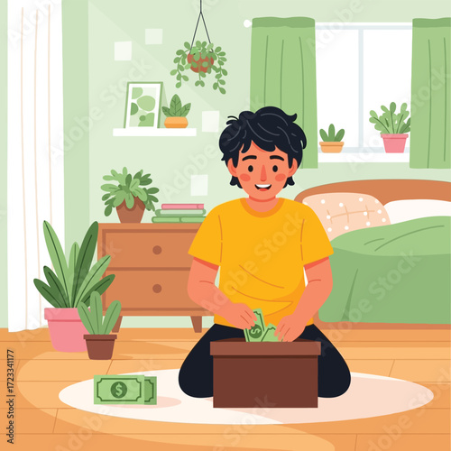 Boy Saving Money in a Box, Indoor Plants, and Smiling