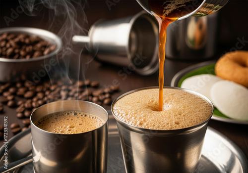 Pouring a rich, hot decoction into a frothy cup of South Indian filter coffee.