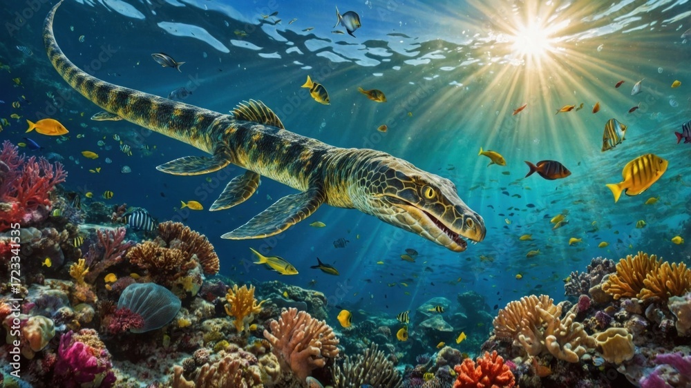 Obraz premium Underwater scene featuring a prehistoric fish swimming among vibrant coral reefs and colorful fish