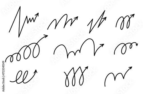Motion bounce arrow set, hand drawn line design spiral. Expressive jump effect. Includes ball motion paths for sports. Vector illustration isolated