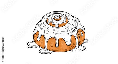 A delicious cinnamon roll topped with sweet white icing and drizzled down the sides.