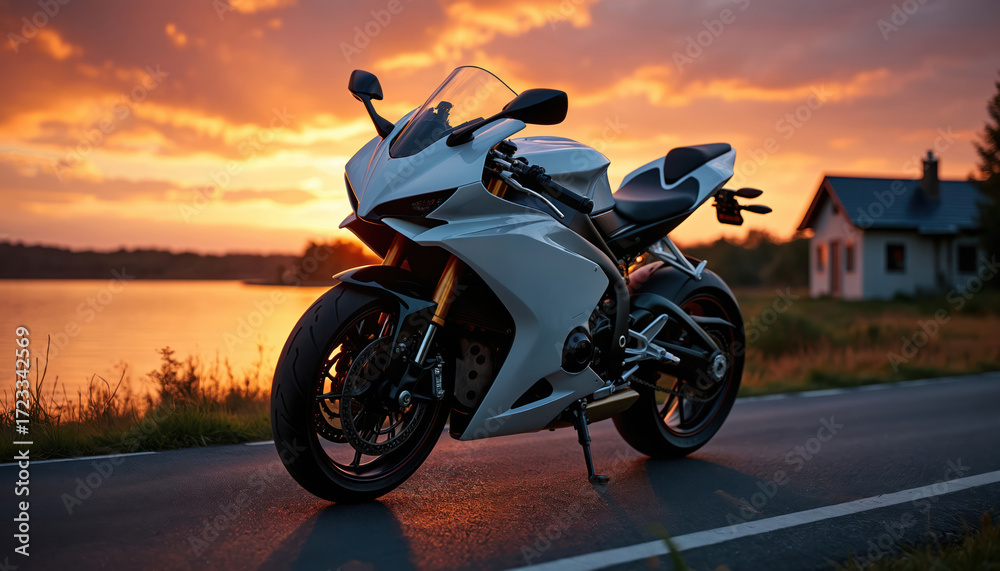 Fototapeta premium Sport motorcycle parked on road, lake house in background at sunset. Motorbike on asphalt street. Bike trip, travel, freedom concept. Modern powerful moto vehicle, house on coast.