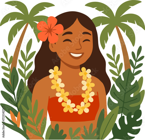Smiling woman with floral lei and top framed by palm trees and tropical foliage.isolated on transparent background