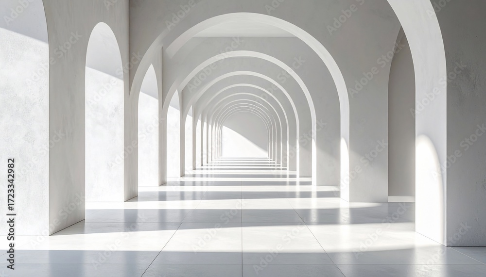 Fototapeta premium Minimalist White Arches Corridor Modern Architecture with Light Shadow Play.
