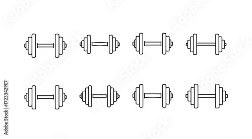 Collection of eight simple dumbbell silhouettes arranged in two rows silhouette
