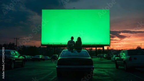 Couple in love watches movie under open sky with green screen backdrop