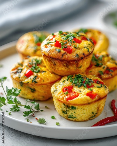 Mini egg muffins with bell peppers and herbs on a white background, photorealistic