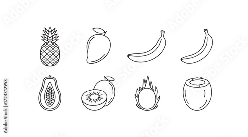 Collection of hand drawn fruit silhouettes including pineapple mango bananas and dragon fruit